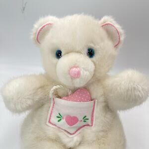 Vintage 1991 Baby Dakin White Pink Polar Teddy Bear Heart Pocket Squeaker